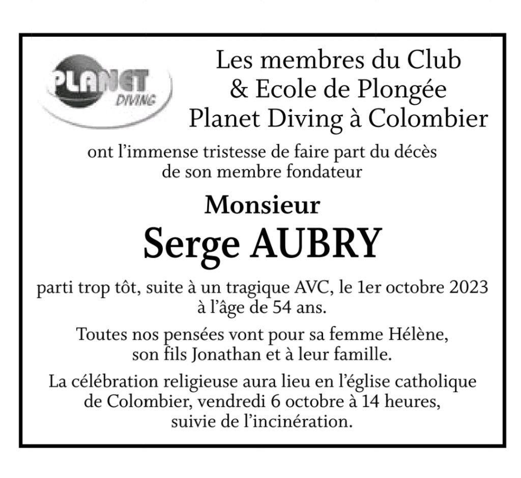 Avis de décès officiel du Club Planet Diving, parue dans ArcInfo le 04.10.2023